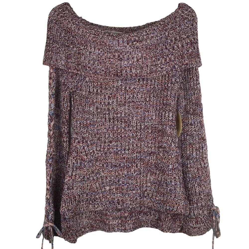NWT American Rag Off the Shoulder Sweater Rib Knit Bell Sleeves Maroon Multi XS